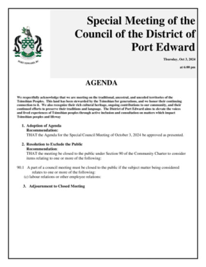 Special Council Meeting October 3, 2024 at 6pm