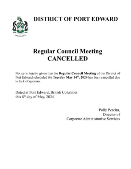 Regular Council Meeting Cancelled - May 14, 2024