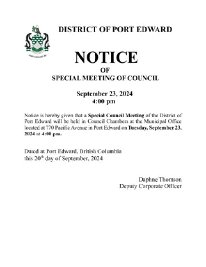 Public Notice for Special Council Meeting September 23, 2024 at 4PM