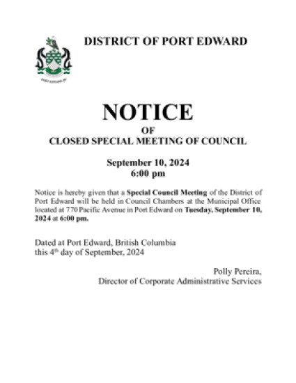 Notice of Closed Special Meeting on September 10, 2024 at 6pm