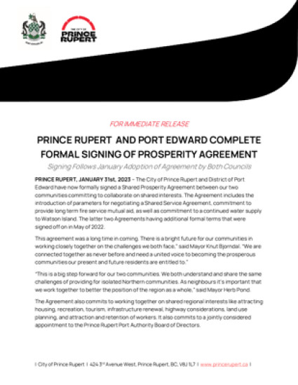 Prince Rupert & Port Edward Complete Formal Signing of Prosperity Agreement