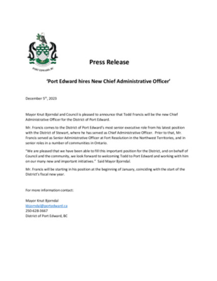 Port Edward hires New Chief Administrative Officer