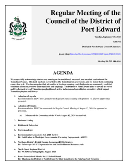 Regular Council Meeting Agenda September 10, 2024