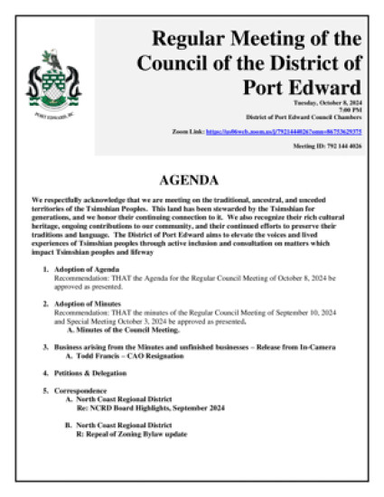 Regular Council Meeting Agenda October 8, 2024