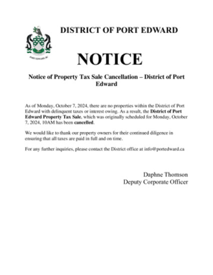 Public Notice for October 7, 2024 at 10AM Property Tax Sale Cancellation